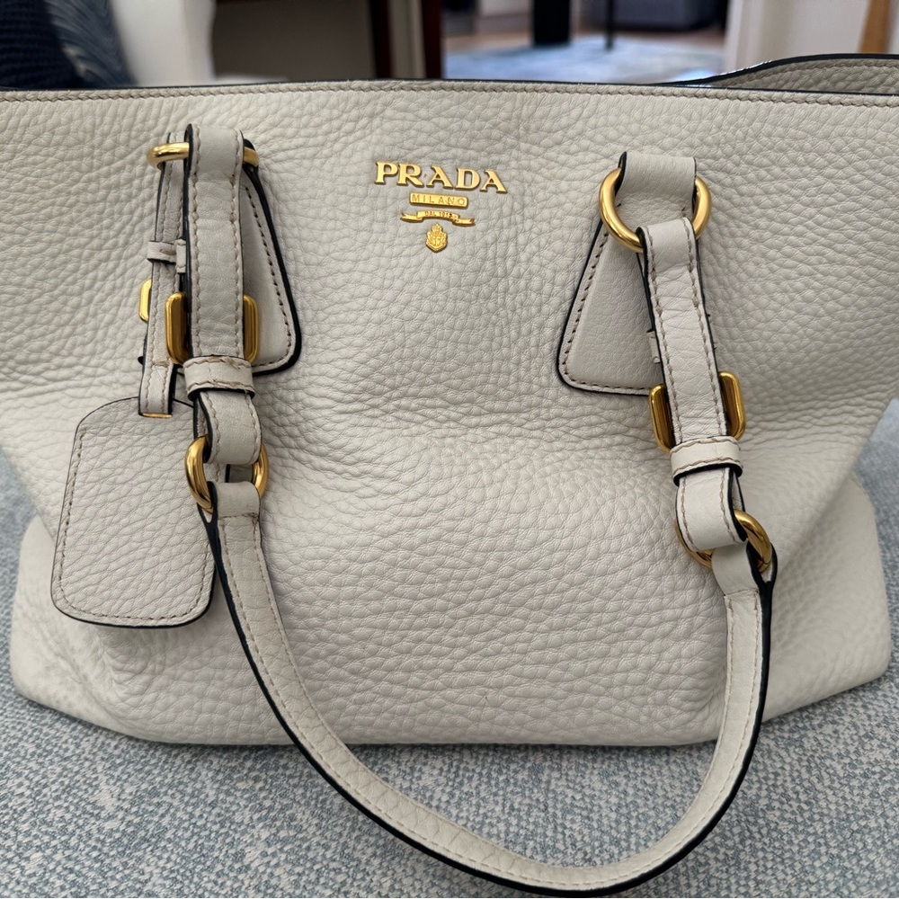 Prada Outlet Cream Pebbled Leather Tote with Gold Hardware Accents